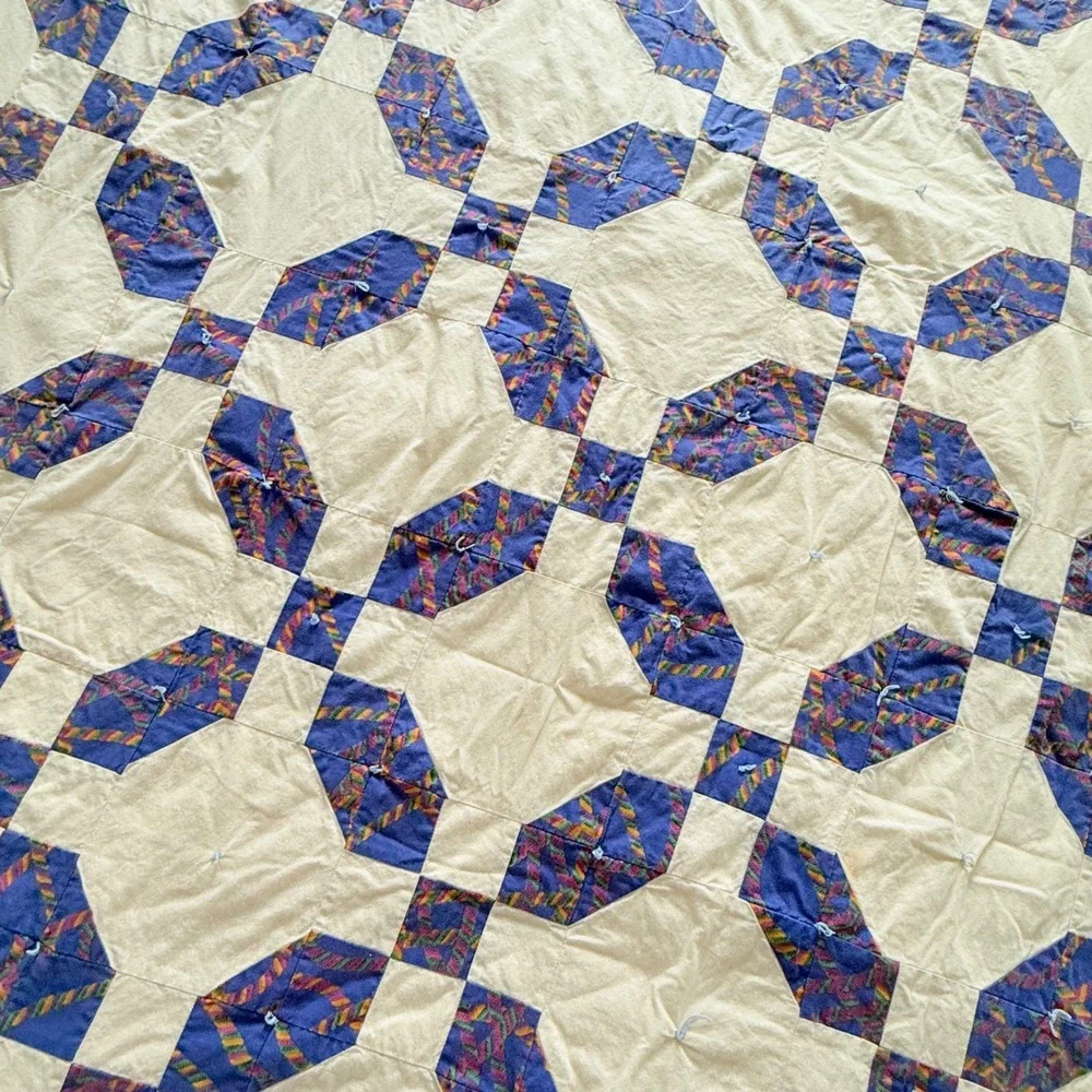 VTG Handmade Patchwork Quilt Throw Twin Purple Cream Tied Cottagecore 1990